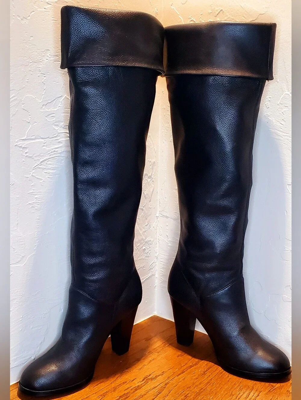 Colin Stuart Womens Sz7 Tall Leather Boots Black Knee High Cuff 3.75